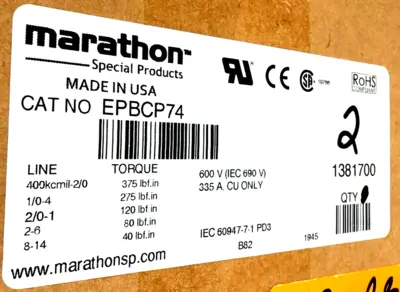 NEW LOT OF 2 MARATHON EPBCP74 POWER BLOCK 600V 335A