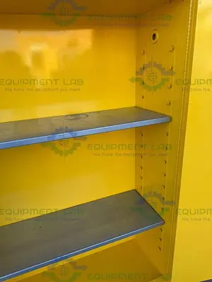 USED JUSTRITE 45 GALLON FLAMMABLE LIQUID STORAGE CABINET W/ SOFT CLOSE DOORS, KEY