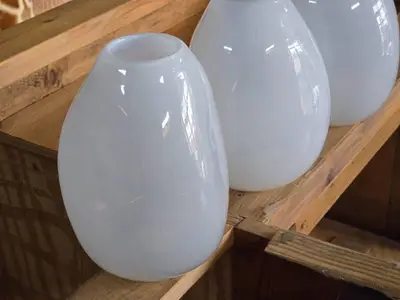 Lot of (3) Handblown Art Glass Table Vases by Holmegaard 6" x 7" (white) (rounded triangle)