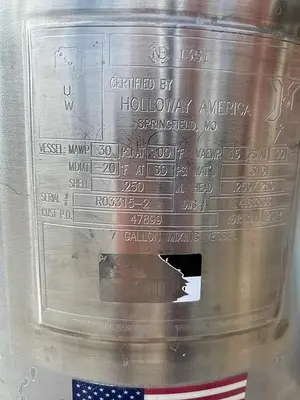 Tank, 7 Gallon, 316L Stainless steel, 30 PSI, FV, Holloway #S744744