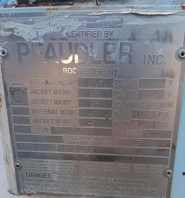 Reactor, 50 Gallon, Glass Lined, 150 PSI, Jkt, Pfaudler, #S738230