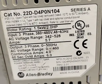 Allen Bradley 22D-D4P0N104 /A PowerFlex 40P AC Drive 480V(BIN324)