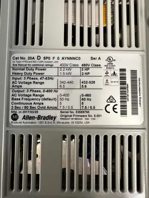 USED Allen-Bradley Allen-Bradley 20AD5P0A3AYNNNC0 PowerFlex 70 Ser. A