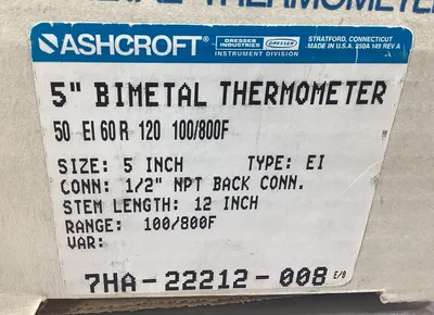 ASHCROFT THERMOMETER 50 EI 60R 120 100/800F 5" FACE 12" STEM 1/2" NPT 6B-10