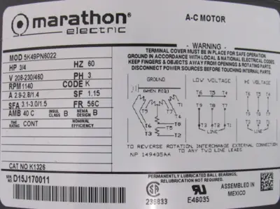 NEW MARATHON K1326 MOTOR 3/4HP 1140RPM 5/8" DIA.