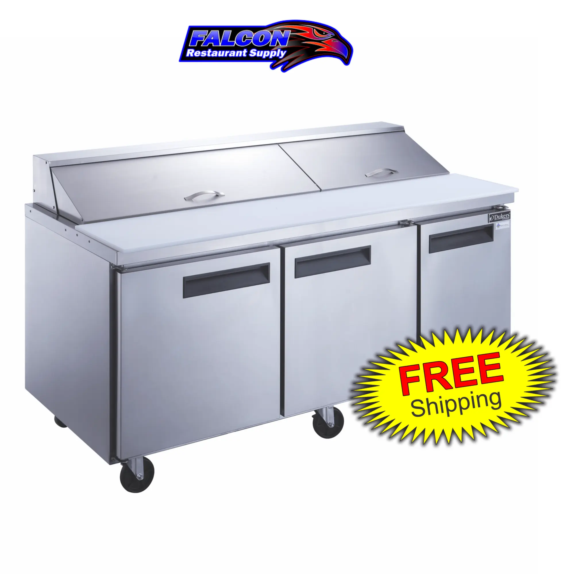 New | in-Stock Dukers New Dukers DSP72-18-S3 3-Door Commercial Food Prep Table Refrigerated in Stainless Steel Food Prep Tables Illinois US | Falcon Restaurant Supply #1376288