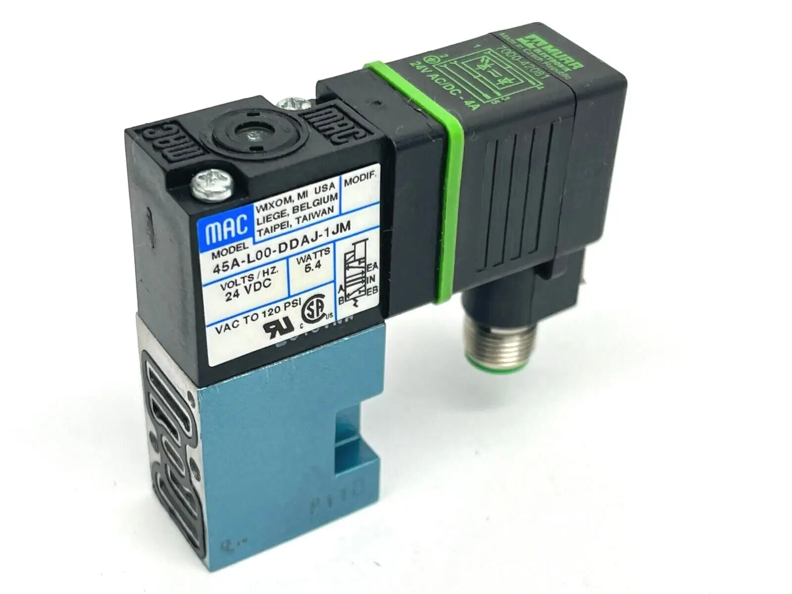 45A-L00-DDAJ-1JM | Mac Valves  Solenoid Valve 24VDC w/ MURR 7000-42081 Connector - Used