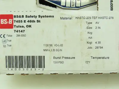 BS&B Safety Systems 1136198; VD-L-02 Rupture Disk 2" Type AV 13.6 PSID @ 72°F