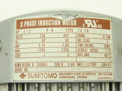 Sumitomo RNYMS05-1320C-25 Gearmotor 25:1 Ratio .5Hp 70rpm 3PH Hollow Shaft