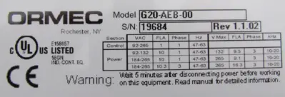 NEW ORMEC G20-AEB-00 ULTRADRIVE G SERIES REV 1.1.02 G20AEB00