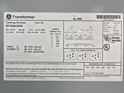 NEW 75 KVA STEP-UP Dry Transformer 208 Delta to 480Y/277 GE/ABB 9T10A1344