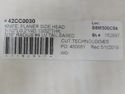 Planer Knife Side Head 42CC0030, 1-1/2" LG, 2" WD, 13/32 THK, 3/16" Radius