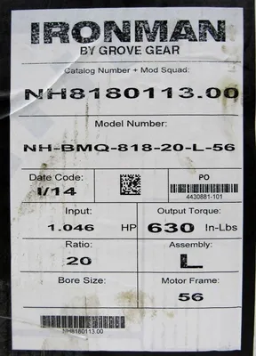 NEW GROVE GEAR NH8180113.00 GEAR REDUCER RATIO 20:1 NH-BMQ-818-20-L-56 NH8180113
