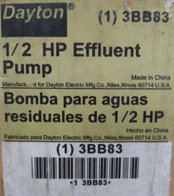 NEW DAYTON 3BB83 EFFLUENT PUMP .5HP 120V