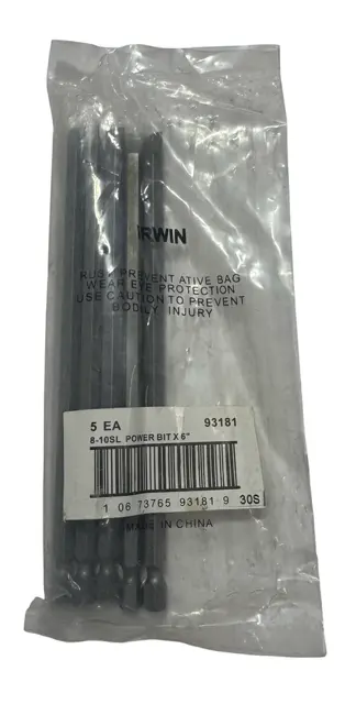 Irwin 8-10 Slotted Power Bit x 6", 1/4" Quick Change Shank 5 Pack