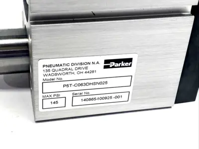 P5T-C063DHSN025 | Parker  Pneumatic Guided Cylinder 145 PSI 63mm Bore 25mm Stroke - New – Open box