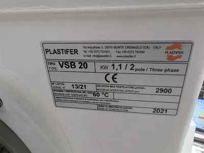 Plastifer Electro Adda VSB20 Low Pressure PolyFan Blower 294.3 CFM ~7.5" NSt New
