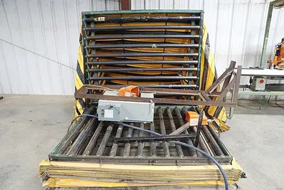 60" x 48" ROACH PNEUMATIC LIFT & TILT UPENDER / TABLE WITH ROLLER CONVEYOR : YOBRO #24710