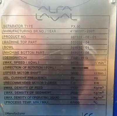Alfa-Laval PX 30 fatty oil separator, 316SS.