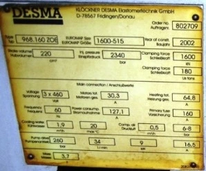 180 Ton/220cc Desma Injection Press, Item # 1321D