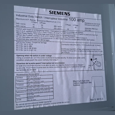 Siemens 100 Amp Fusible Disconnect