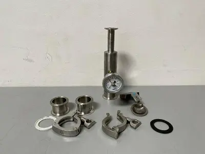 USED STAINLESS STEEL COLUMN W/ 2" SANTRIX 96 PSIG RUPTURE DISC & PRESSURE GAUGE