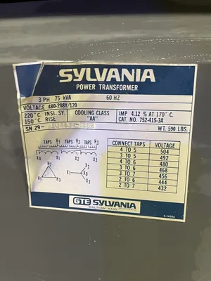 Sylvania 752-415-3A Electric Power Dry Type Transformer 75 KVA 480V 208Y/120V