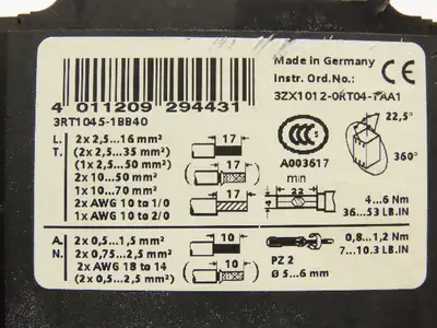 Siemens 3RT1045-1BB40 Sirius Motor Starter Contactor 24vDC Coil
