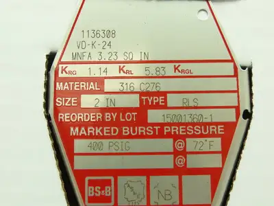 BS&B Safety Systems 1136308 VD-K-24 Rupture Disk 2" Type RLS 400 PSIG @ 72°F