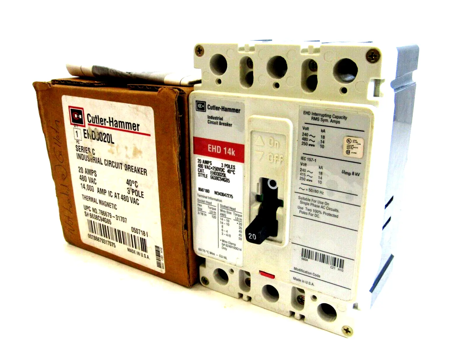 NEW CUTLER HAMMER EHD3020L SER.C CIRCUIT BREAKER 20A, 480VAC, 3 POLE