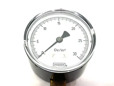 USED NOSHOK PRESSURE GAUGE, MALE 1/4" NPT BOTTOM CONN. BLACK STEEL CASE
