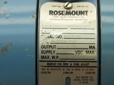 Rosemount 1151 Alphaline Pressure Transmitter 0-1000 PSI 45VDC