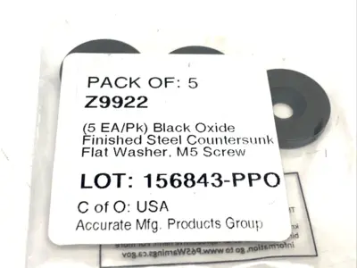 Z9922,92908A250 | Z9922 Countersunk Washer, M5 Screw, Steel, Black Oxide, 5.3 mm Max ID, LOT OF 10 - New