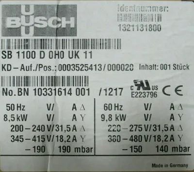 NEW BUSCH SB 1100 D 0H0 UK 11 BLOWER/VACUUM 1321131800 SB1100D0H0UK11