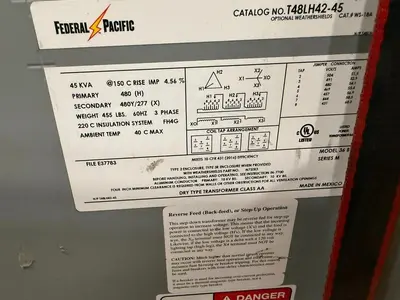 Federal Pacific T48LH42-45 Dry Type Transformer 45 kVa 480V to 480Y/277V #HP-107