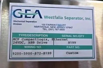 Westfalia CSC 6-06-476 hydro-hermetic clarifier skid, 316L SS.