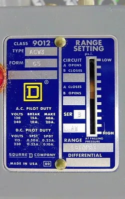 Square D 9012ACW3G5 Pressure Switch Series Ser.B Used
