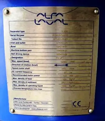 Alfa-Laval S-826 fuel/lube oil purifier, 316SS.