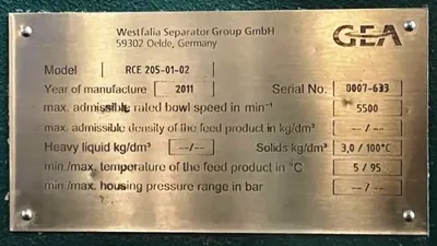 Westfalia RCE 205-01-02 decanter centrifuge, 316SS.