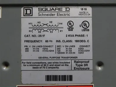 2Kva Square D 2S1F Transformer 240/480 PRI  120/240 Sec 1Ph 60Hz 180°C Ins Used