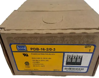 NEW ILSCO PDB-16-2/0-3 POWER DISTRIBUTION BLOCK 175AMPS 3 POLE 600VOLTS PDB16203