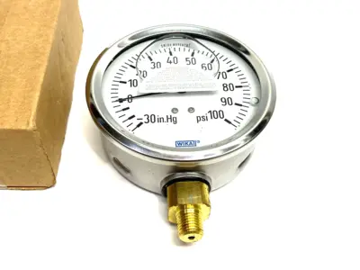 USED WIKA INSTRUMENT LIQUID FILLED HYDRAULIC GAUGE 100 PSI, 4" FACE DIA, LOWER MOUNT
