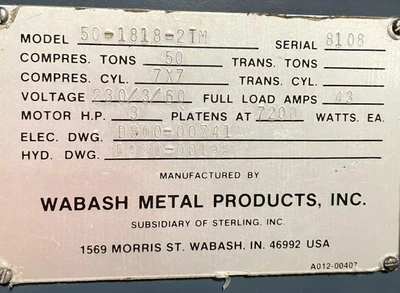 USED WABASH WABASH 50-1818-2TM PRESS