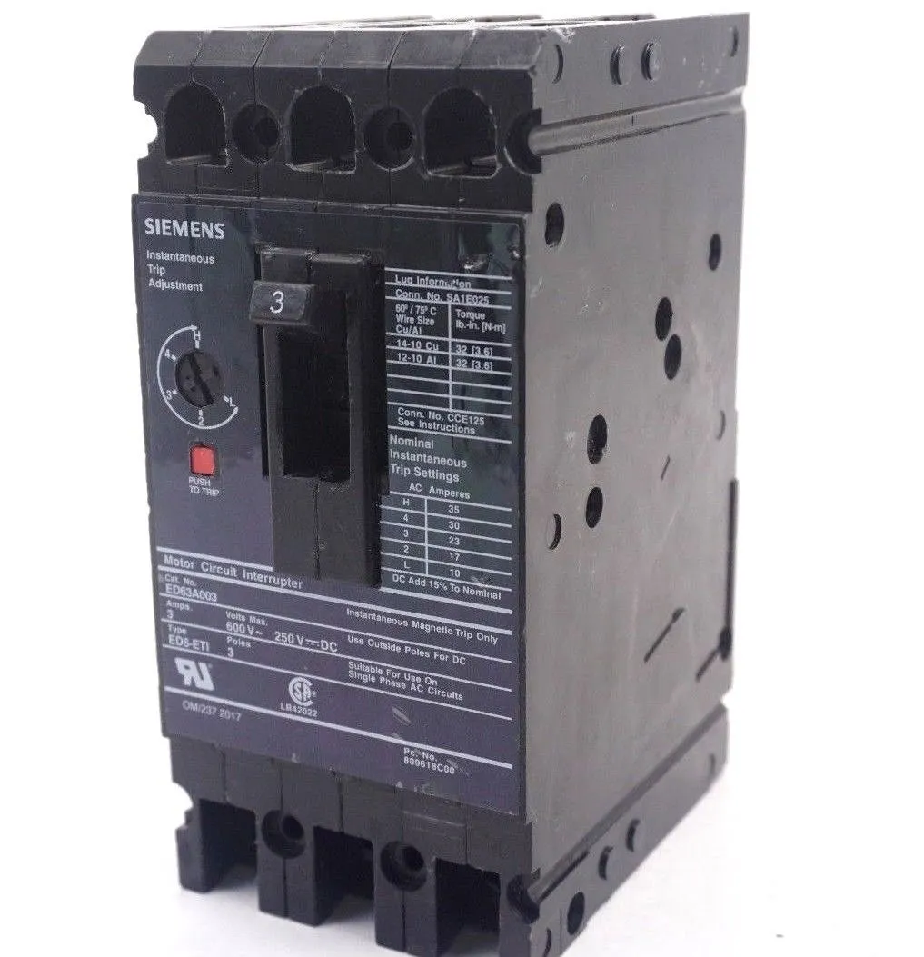 USED SIEMENS ED63A003 CIRCUIT BREAKER 3A 600V