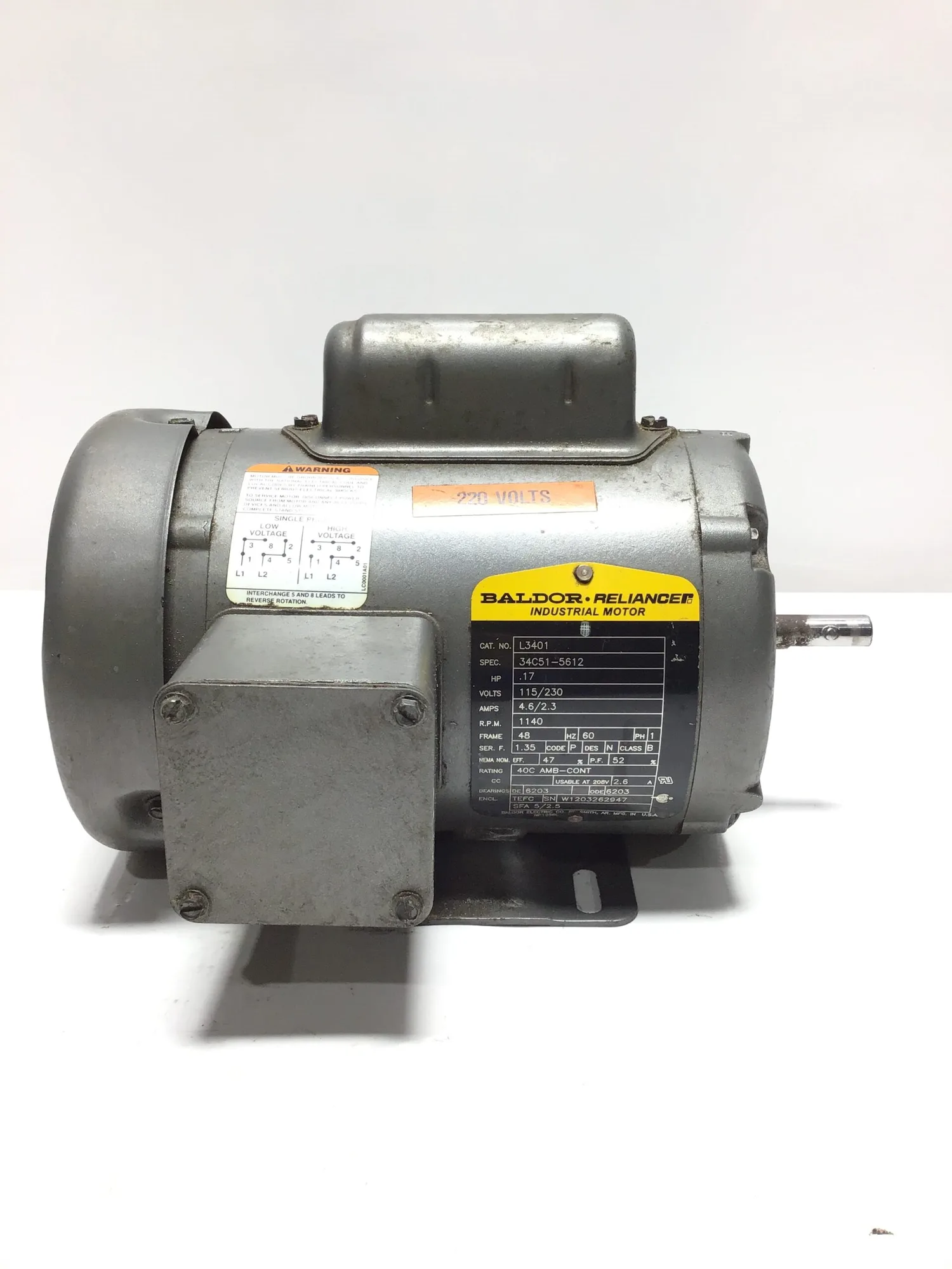 Baldor Reliancer L3401 Industrial Motor .17HP 1PH