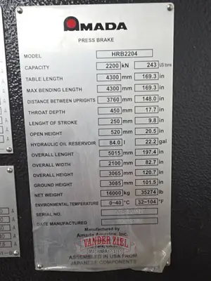 Used 2026 AMADA HRB 2204 Press Brakes Michigan US | Vander Ziel Machinery Sales #1348897