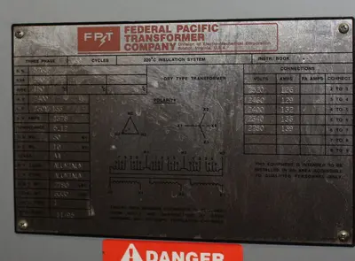 USED FEDERAL PACIFIC TRANSFORMER COMPANY HIGH VOLTAGE GENERAL PURPOSE