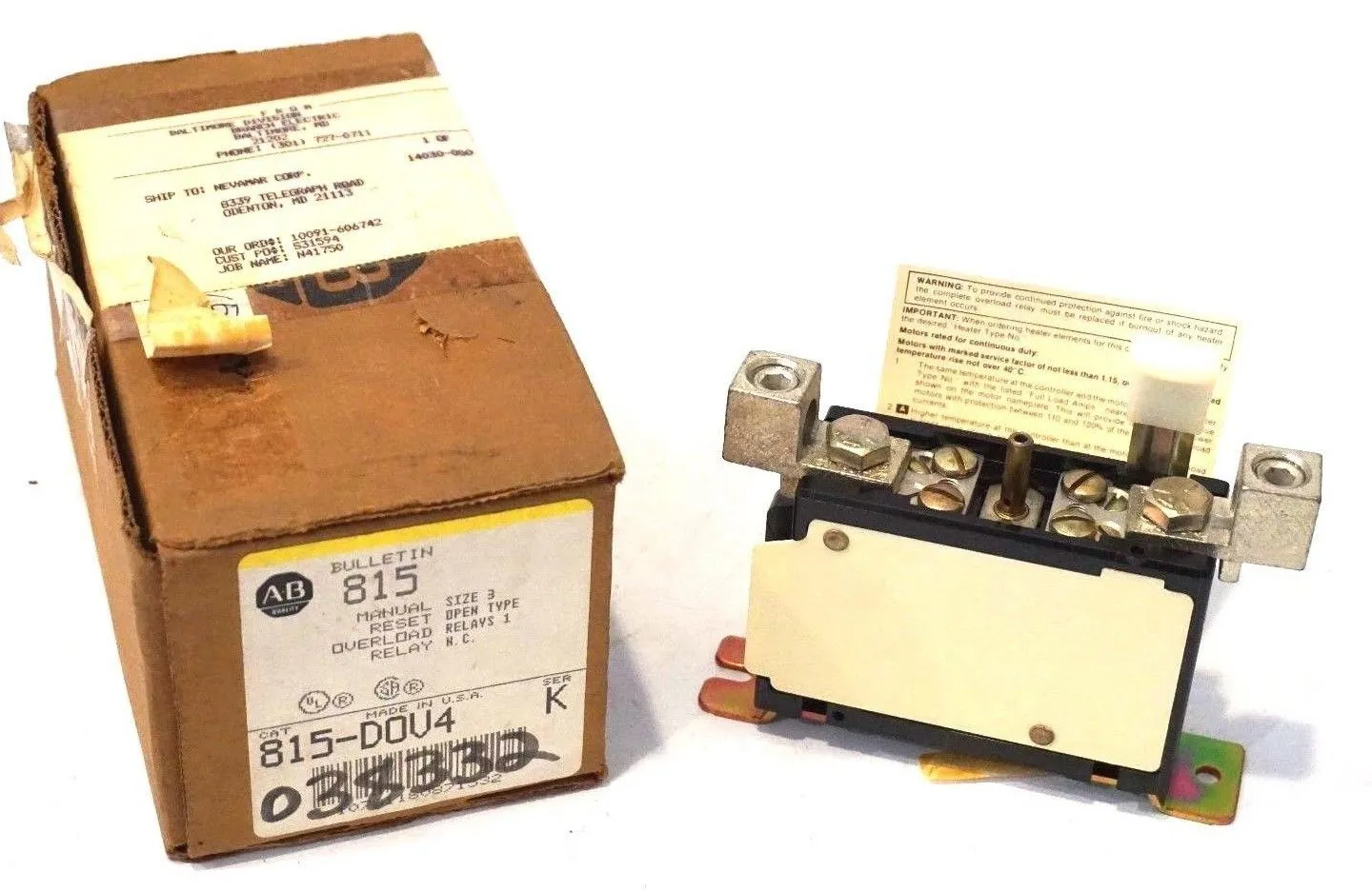 NEW ALLEN BRADLEY 815-D0V4 SER.K MANUAL SIZE 3 RESET OVERLOAD RELAY 815D0V4