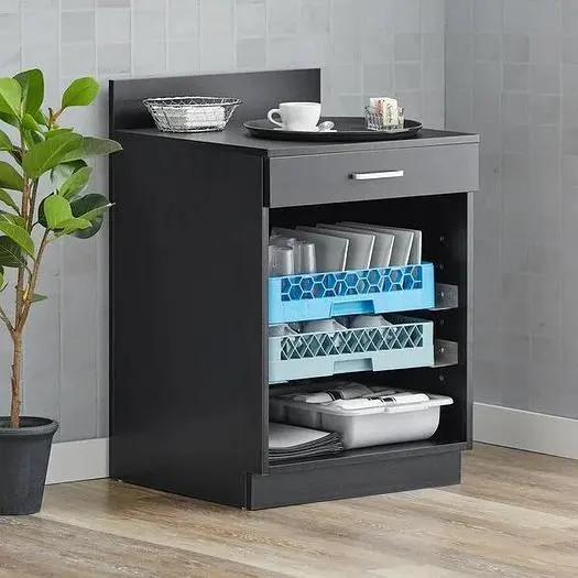 24" Black Waitress Station with Drawer and 4 Adjustable Stainless Steel Rack Holders