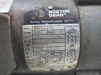 Boston Gear 34K29-872 10:1 Ratio .5Hp 208-230/460V 3Ph 1" Thru Shaft Gear Motor